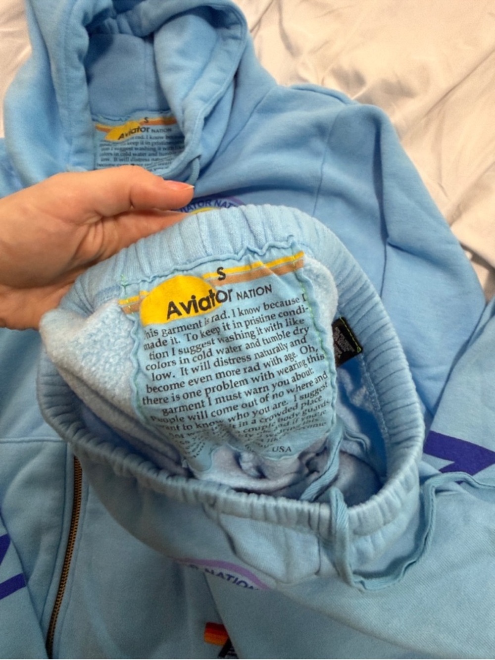 Aviator Nation Peloton Light Blue Matching Sweatpants and Hoodie Set Small - Picture 2 of 3